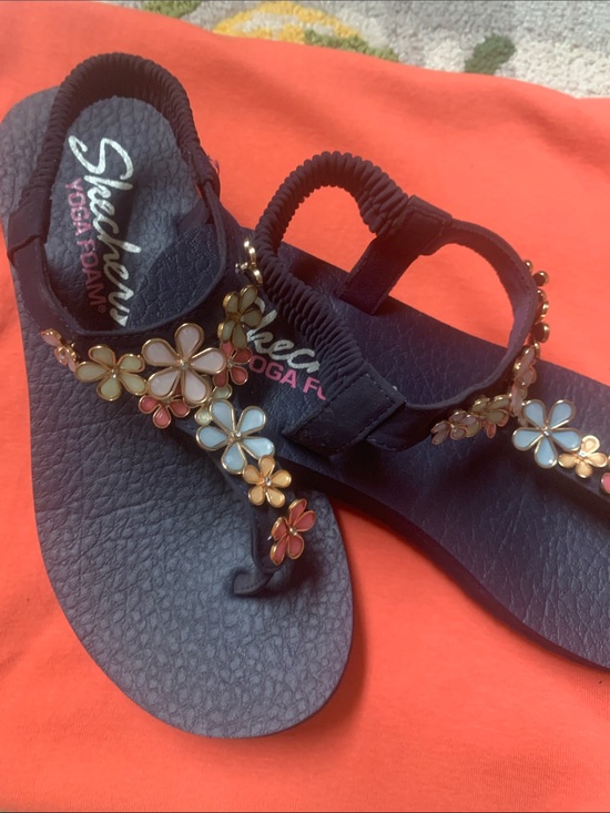 Skechers Shoes - Skechers Navy Floral T-Strap Sandals with Gold Accents